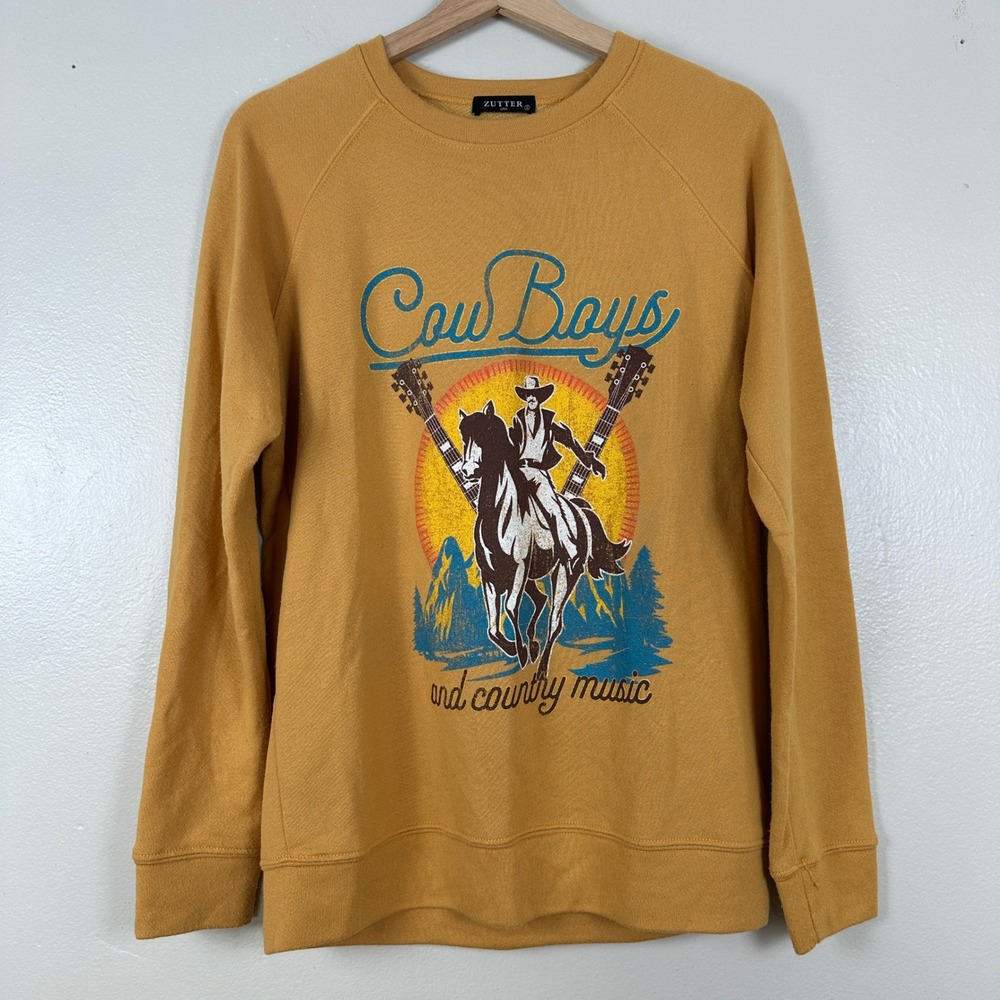 Zutter Women's S Sweatshirt Mustard Yellow Cow Boys Country Music Graphic Raglan